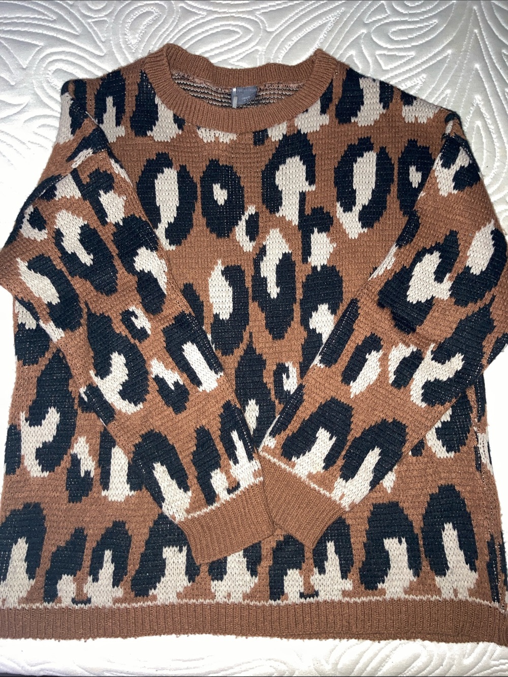 Sparkle & Fade Brown Leopard Print Crewneck Sweater with Black & Cream Accents
